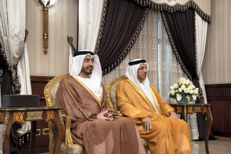 CAIRO, EGYPT - May 15, 2019: HH Sheikh Abdullah bin Zayed Al Nahyan, UAE Minister of Foreign Affairs and International Cooperation (L) and HH Sheikh Mansour bin Zayed Al Nahyan, UAE Deputy Prime Minister and Minister of Presidential Affairs (R), attend a meeting with HE Abdel Fattah El-Sisi President of Egypt (not shown), at Cairo.

( Mohamed Al Hammadi / Ministry of Presidential Affairs )
---