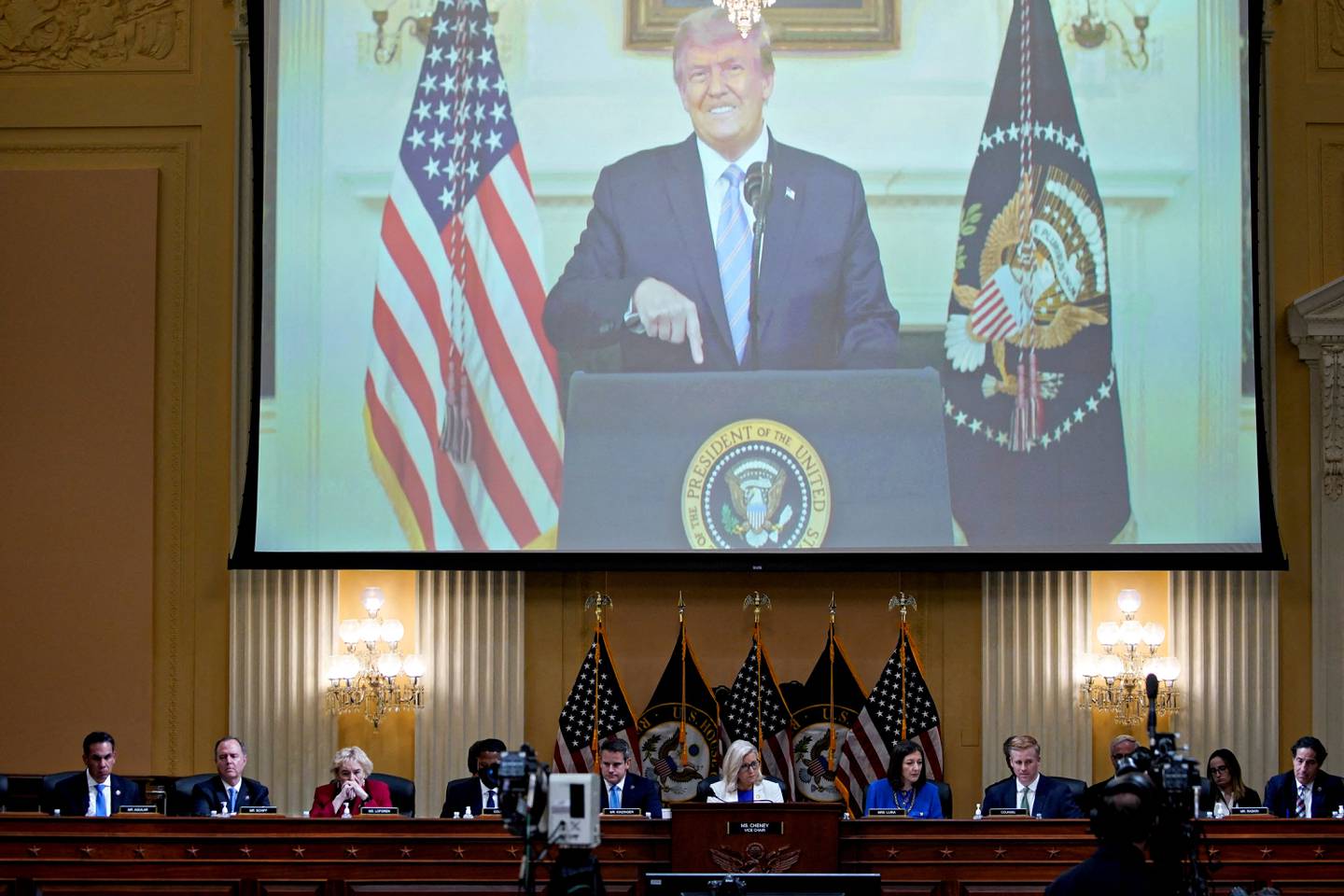 A video of former President Donald Trump plays on a screen during a hearing of the Select Committee to Investigate the January 6th Attack on the US Capitol in Washington, US, on Thursday, July 21. Pool