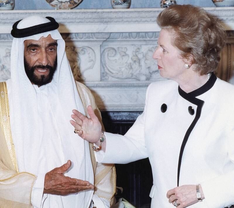 The UAE's Founding Father, Sheikh Zayed bin Sultan Al Nahyan, with Britain’s Prime Minister Margaret Thatcher at 10 Downing Street in London. July 19, 1989. AP Photo