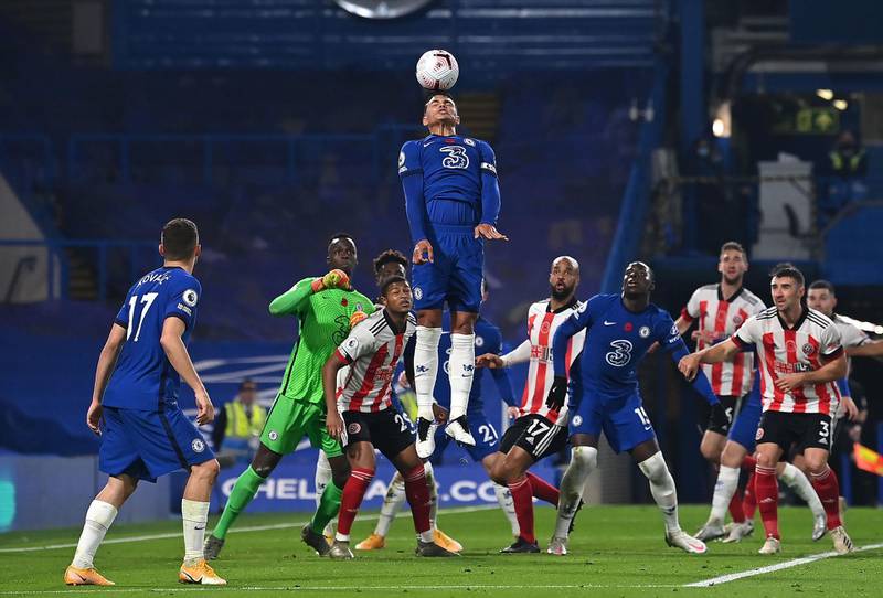 Chelsea's Thiago Silva heads the ball away from a corner kick during the Premier League match at Stamford Bridge, London. PA Photo. Picture date: Saturday November 7, 2020. See PA story SOCCER Chelsea. Photo credit should read: Ben Stansall/PA Wire. RESTRICTIONS: EDITORIAL USE ONLY No use with unauthorised audio, video, data, fixture lists, club/league logos or "live" services. Online in-match use limited to 120 images, no video emulation. No use in betting, games or single club/league/player publications.