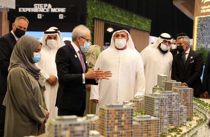 Mattar Al Tayer, director general, chairman of the board of executive directors of the Roads and Transport Authority and commissioner general for infrastructure, urban planning and well-being (centre) after the inauguration of Cityscape Global.