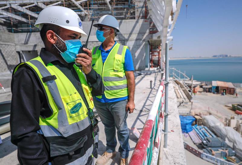 Abu Dhabi, United Arab Emirates, September 27, 2020.  Abu Dhabi City Municipality inspectors check safety standards of a construction site at the Al Raha Gardens, Abu Dhabi.Victor Besa/The NationalSection:  NAReporter:  Haneen Dajani