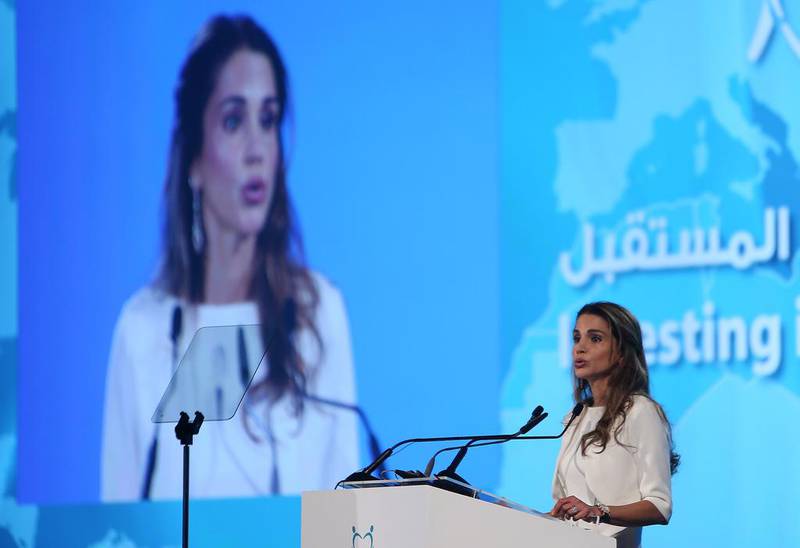 Queen Rania tells the opening session of Investing in the Future conference that the high numbers of Syrian refugees pose a great challenge and that more countries are needed in sharing the burden. Pawan Singh / The National