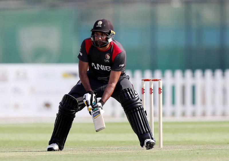 Abu Dhabi, United Arab Emirates - October 22, 2018: Ghulam Shabber of the UAE bats in the match between the UAE and Australia in a T20 international. Monday, October 22nd, 2018 at Zayed cricket stadium oval, Abu Dhabi. Chris Whiteoak / The National