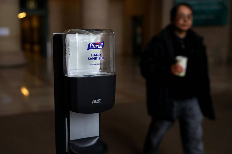 CAMBRIDGE, MASSACHUSETTS - MARCH 12: Purell hand sanitizer inside the Information Center on the campus of Massachusetts Institute of Technology on March 12, 2020 in Cambridge, Massachusetts. Students have been asked to move out of their dorms by March 17 due to the Coronavirus (COVID-19). risk. All classes will be moved online for the rest of the spring semester.   Maddie Meyer/Getty Images/AFP
== FOR NEWSPAPERS, INTERNET, TELCOS & TELEVISION USE ONLY ==
