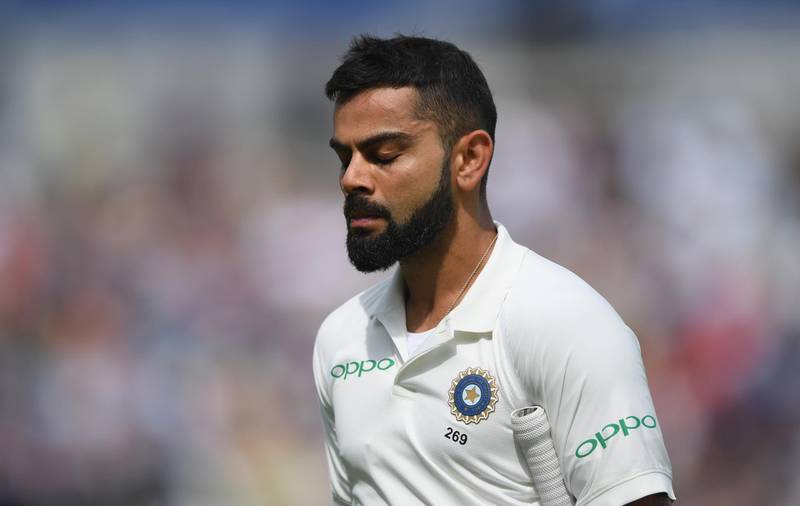 BIRMINGHAM, ENGLAND - AUGUST 04:  India batsman Virat Kohli reacts after being dismissed during day 4 of the First Specsavers Test Match between England and India at Edgbaston on August 4, 2018 in Birmingham, England.  (Photo by Stu Forster/Getty Images)