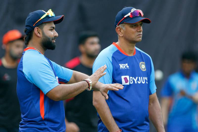 New India captain Rishabh Pant with coach Rahul Dravid during a practice session at the Arun Jaitley Stadium in New Delhi ahead of the first T20 against South Africa. AFP