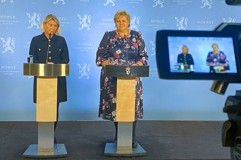 Norway's Prime Minister Erna Solberg, right, and Norway's Minister of Justice Monica Mæland hold a press conference following the incident. AFP