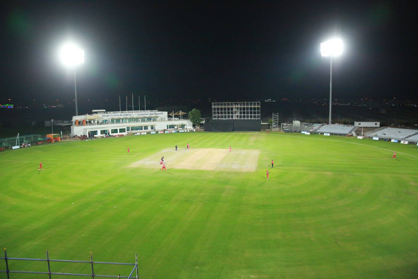 New broadcast-standard floodlights have been added to the Oman Cricket Academy ground in Al Amerat, ahead of the arrival of the T20 World Cup. Photo: Oman Cricket