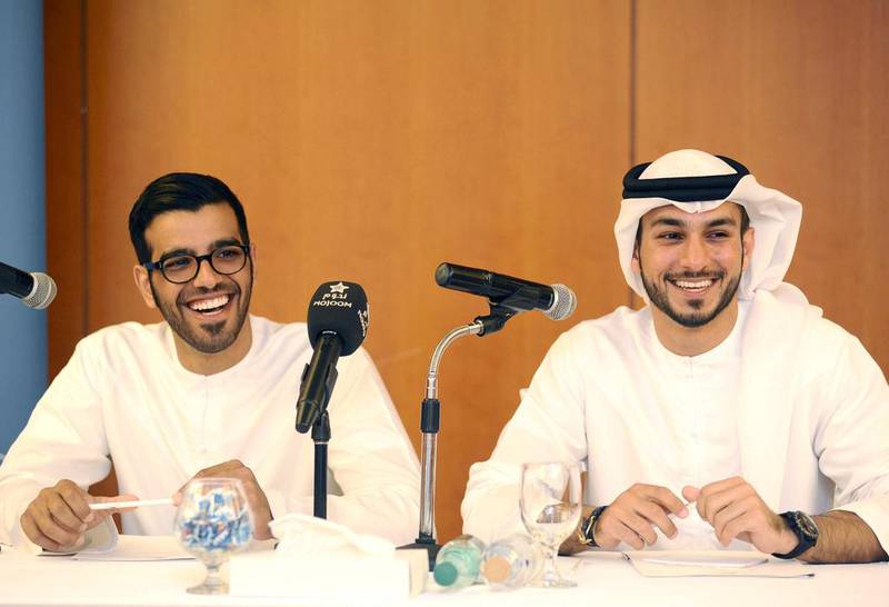 Abdulla Al Muhairbi, left, and Yousef Al Gurg talk about their climb to Mount Aconcagua in Argentina at a press conference in Dubai. Charles Crowell for The National