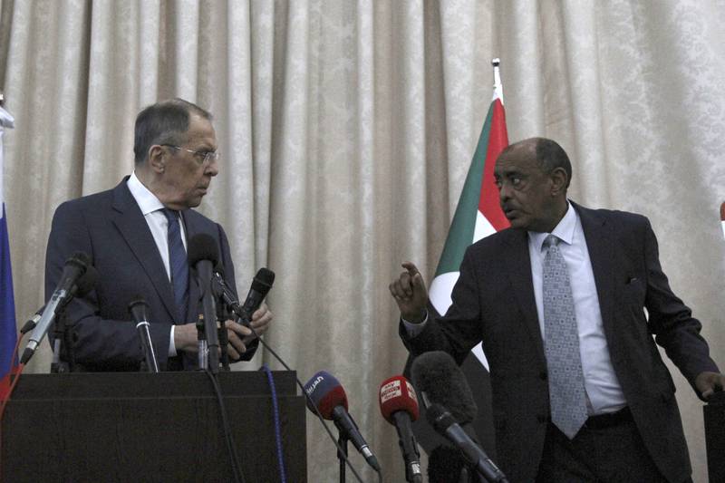 Russian Foreign Minister Sergey Lavrov, left, and Sudanese acting foreign minister Ali Al Sadeq in Khartoum, Sudan, on February 9.  AP