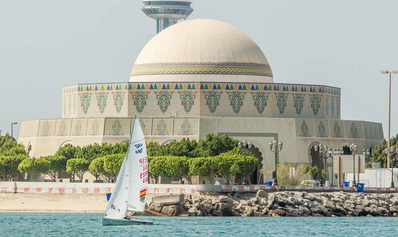 A sailor practices on Wednesday at the breakwater in Abu Dhabi ahead of the 2015 ISAF Sailing World Cup Final beginning on Thursday. Jesus Renedo / Sailing Energy / ISAF