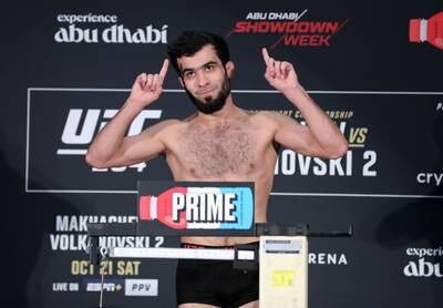 UFC bantamweight Muin Gafurov weighs in for his fight against Said Nurmagomedov at UFC 294.