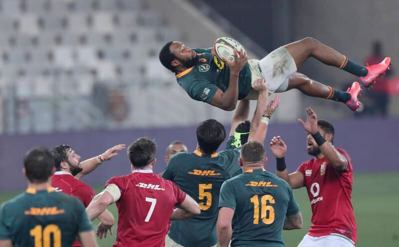 South Africa's Lukhanyo Am collects the ball in a lineout.