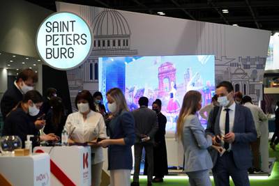Visitors during the Arabian Travel Market held at Dubai World Trade Centre in Dubai on May 16,2021. Pawan Singh / The National. Story by Deena