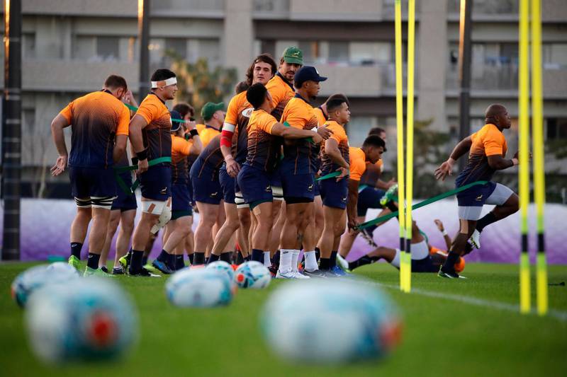 South Africa players take part in a training session in Urayasu, outside Tokyo, Japan, Wednesday, Oct. 30, 2019. The Springboks will play England in the Rugby World Cup final on Saturday Nov. 2. in Yokohama. (AP Photo/Christophe Ena)