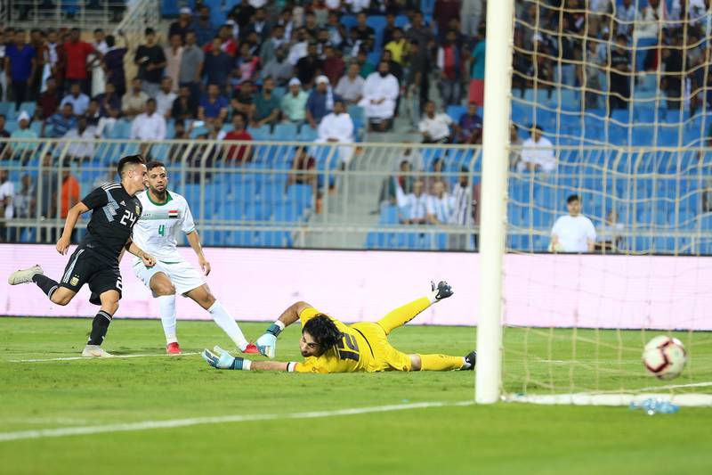 Argentina's Franco Cervi (L) scores a goal during the international friendly soccer match between Argentina and Iraq, in Riyadh, Saudi Arabia. EPA