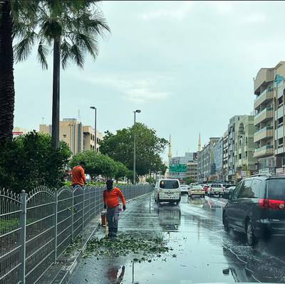 Workers clean up the debris after the storm. Photo: Dubai Municipality