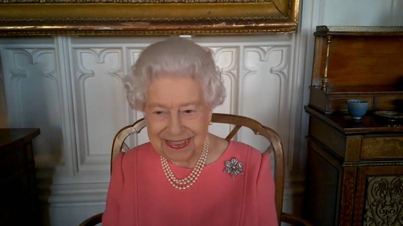 Britain's Queen Elizabeth speaks via video call to health leaders delivering the COVID-19 vaccine across England, Scotland, Wales and Northern Ireland, London, Britain February 25, 2021. Buckingham Palace/via REUTERS THIS IMAGE HAS BEEN SUPPLIED BY A THIRD PARTY. MANDATORY CREDIT. NO RESALES. NO ARCHIVES.