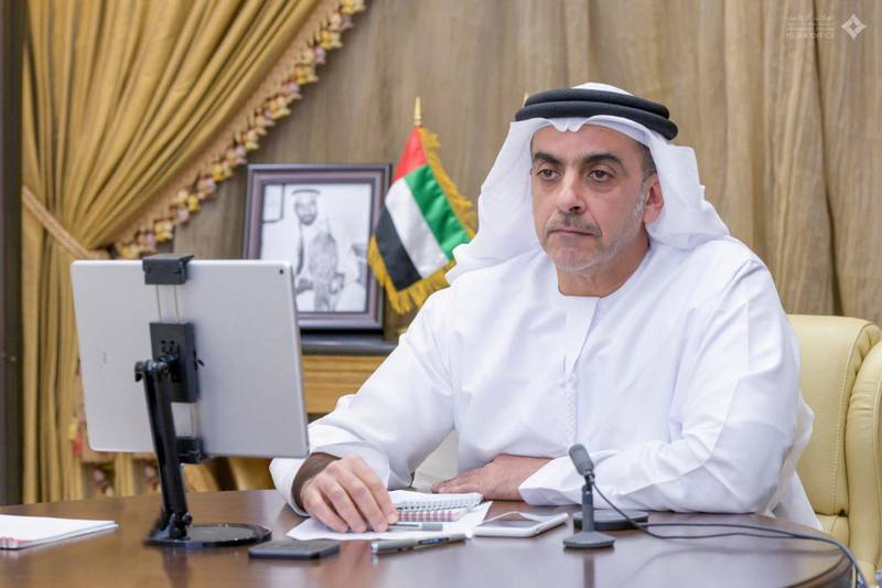 Sheikh Saif bin Zayed, Deputy Prime Minister and Minister of Interior, attends a remote government meeting to discuss the UAE's post-coronavirus future. Courtesy: Dubai Media Office Twitter