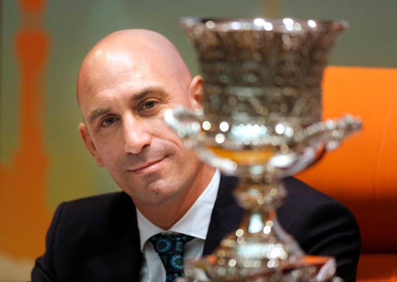 Luis Rubiales, listens to a reporter during the press conference for the Spanish Super Cup. AP Photo