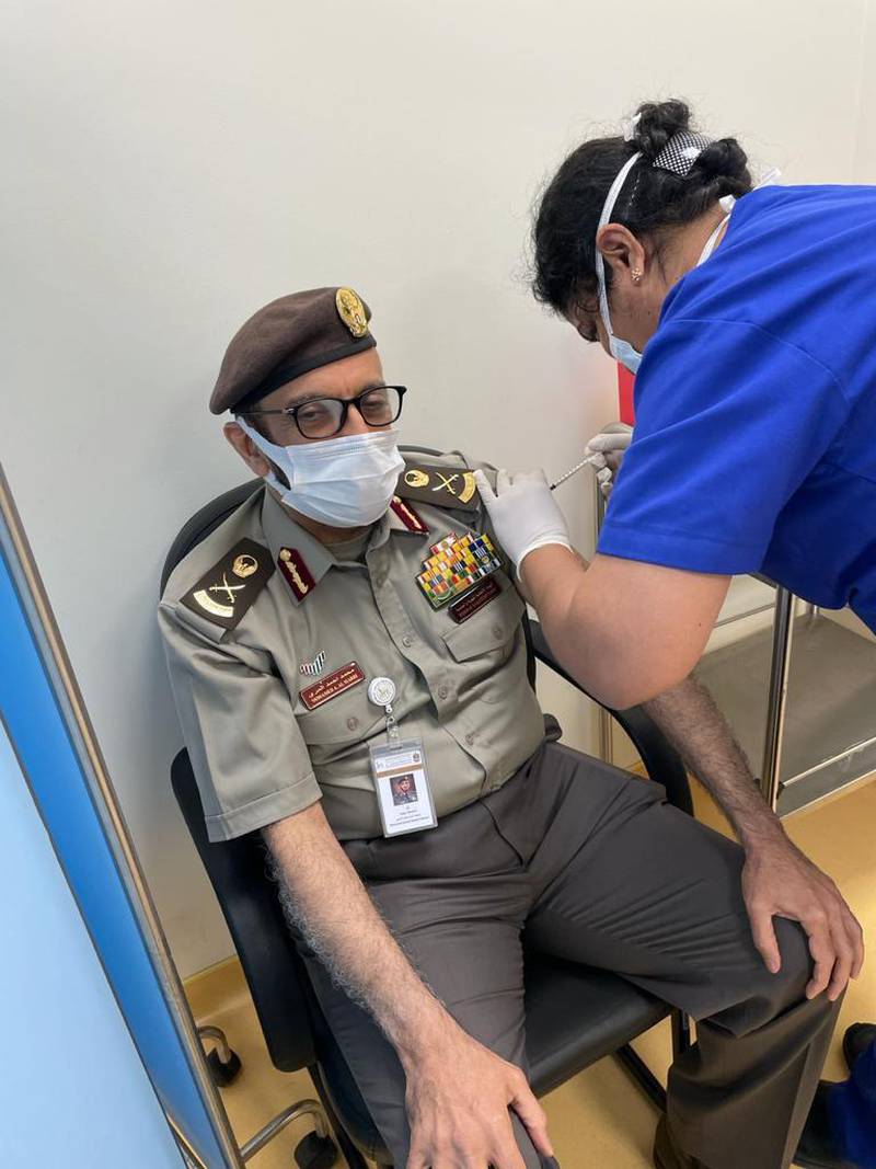 Maj Gen Mohammed Al Marri, director general of the General Directorate of Residency and Foreigners Affairs Dubai, receives his first dose of the Pfizer-BioNTech vaccine. Courtesy: Dubai Media Office