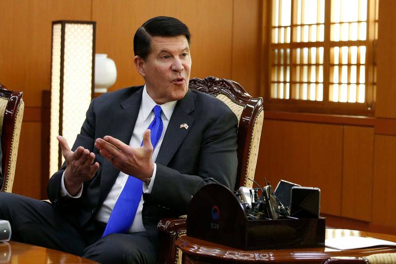 Keith Krach, US under secretary for economic growth, energy and environment, talks with South Korea's Foreign Minister Kang Kyung-wha (not pictured) during their meeting at the Foreign Ministry in Seoul on November 6, 2019. (Photo by HEO RAN / POOL / AFP)