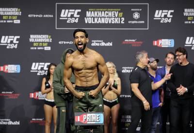 Anshul Jubli at the weigh-in before his fight against Mike Breeden at UFC 294 in Abu Dhabi. Chris Whiteoak / The National