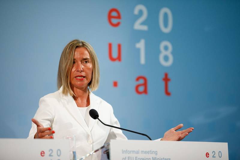 epa06986553 High Representative of the European Union for Foreign Affairs and Security Policy Federica Mogherini speaks at a press conference after the informal meeting of European Union foreign affairs ministers at the Hofburg Palace in Vienna, Austria 31 August 2018. Austria hosts a two-day informal meeting of EU foreign affairs ministers in Vienna on 30 and 31 August. Austria took over its third Presidency of the European Council from July 2018 until December 2018.  EPA/FLORIAN WIESER