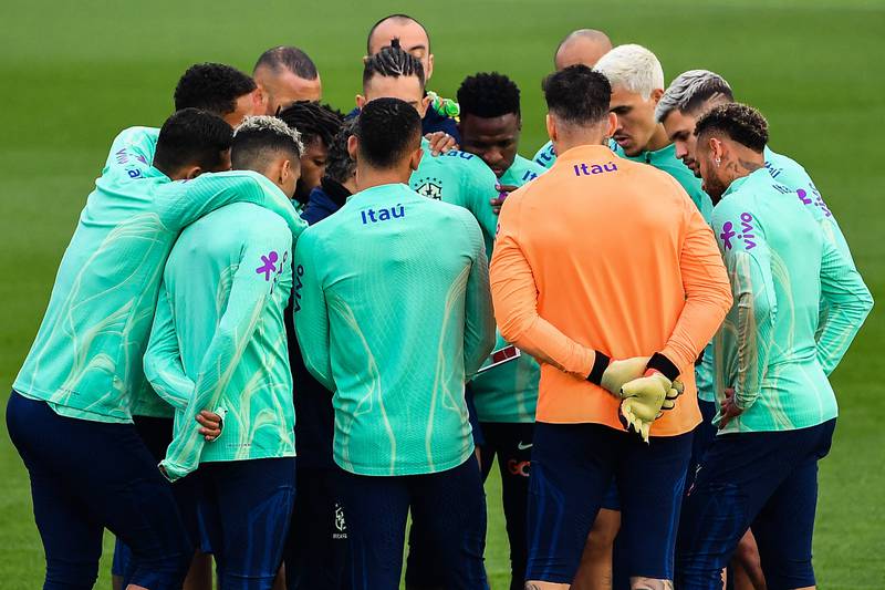 Brazil players gather during the training session  in Turin. AFP