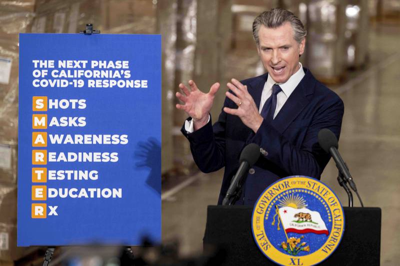 California Gavin Newsom announces the next phase of the state's Covid-19 response as it moves into an endemic stage. AP
