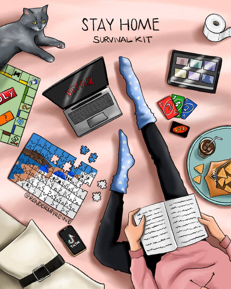 Reine Jalloul lays out her 'Stay Home Survival Kit' in this cartoon. Art Painting Lab