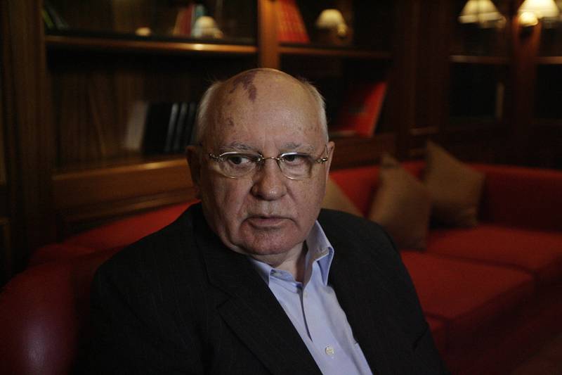 Mr Gorbachev speaks to journalists at the Middle East and North Africa Cristal Festival at a hotel in Faraya, north-east of Beirut, on February 2, 2010. AFP 