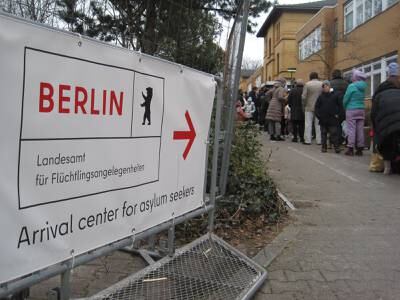 Refugees waiting to register at the asylum processing centre in Reinickendorf.
