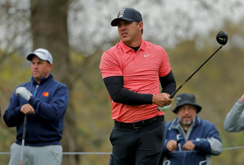 Brooks Koepka watches his shot off the second tee during a practice round at the PGA Championship golf tournament, Tuesday, May 14, 2019, in Farmingdale, N.Y. (AP Photo/Julie Jacobson)