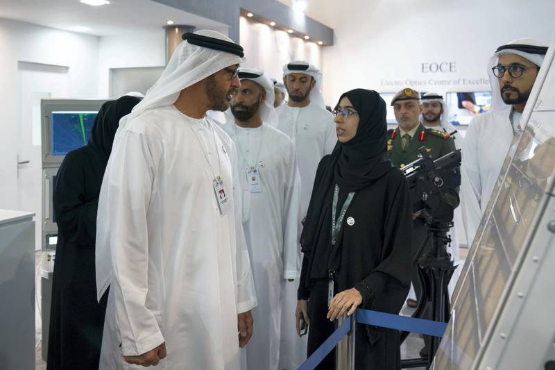 ABU DHABI, UNITED ARAB EMIRATES - February 21, 2019: HH Sheikh Mohamed bin Zayed Al Nahyan, Crown Prince of Abu Dhabi and Deputy Supreme Commander of the UAE Armed Forces (L), visits Earth stand, during the 2019 International Defence Exhibition and Conference (IDEX), at Abu Dhabi National Exhibition Centre (ADNEC). 

( Ryan Carter for the Ministry of Presidential Affairs )
---