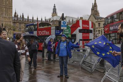 Pro-Europe British protesters stand in front of Parliament Square in London in May 2022. A plan is in the works to invite the UK and other countries into a remodelled EU. Getty Images