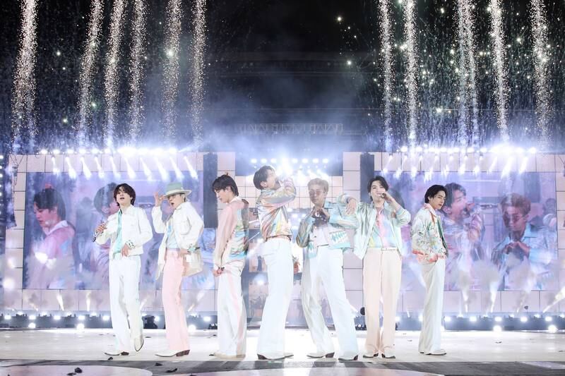A handout photo made available by Big Hit Entertainment shows members of K-pop group BTS performing at a live in-person concert at Jamsil Olympic Park in southern Seoul, South Korea, 10 March 2022.   EPA / YONHAP HANDOUT SOUTH KOREA OUT HANDOUT EDITORIAL USE ONLY / NO SALES