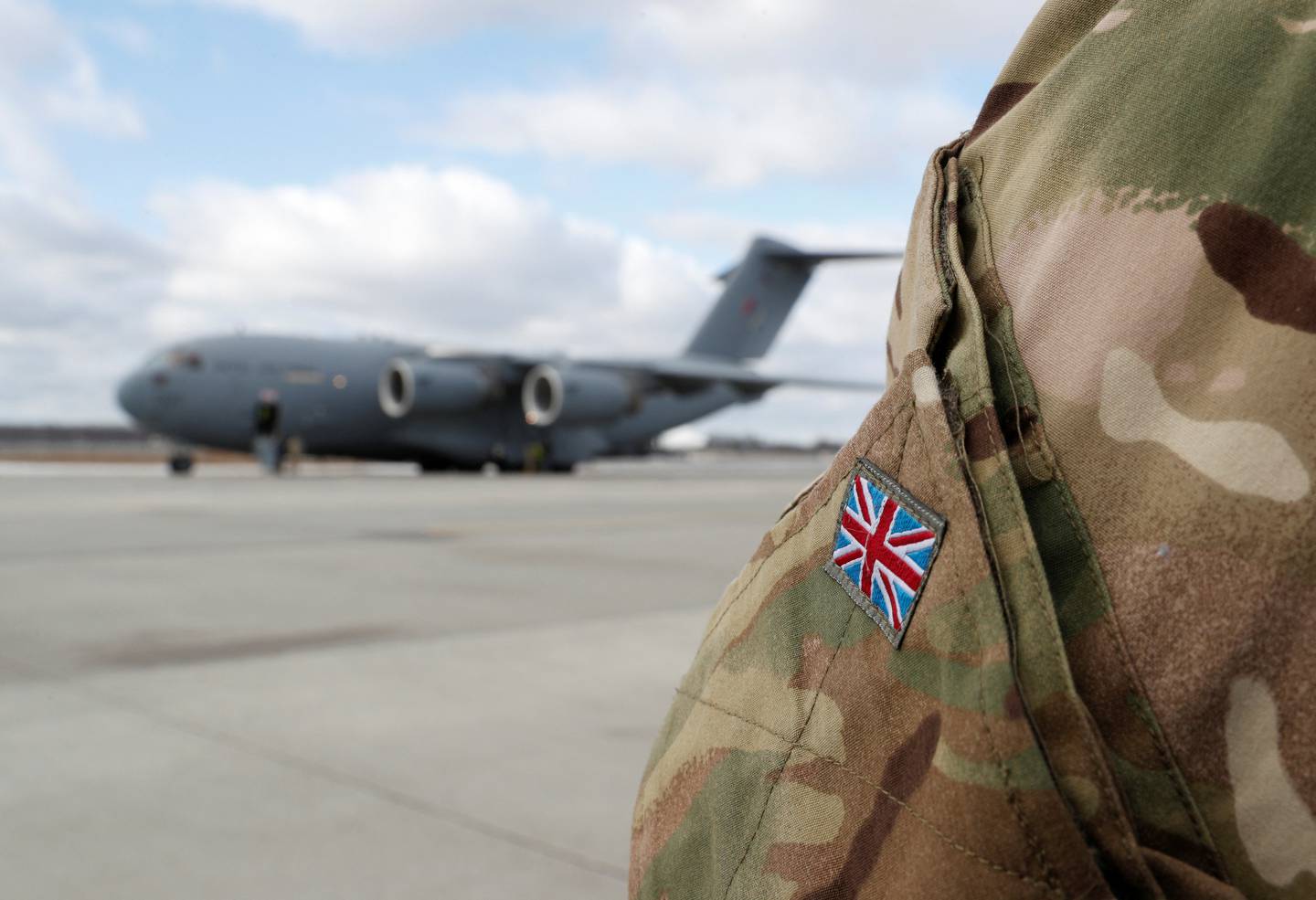 A C17 Globemaster III aircraft of the Royal Air Force, carrying a shipment of Britain's support package for Ukraine, on the tarmac at Kiev's main airport. Reuters