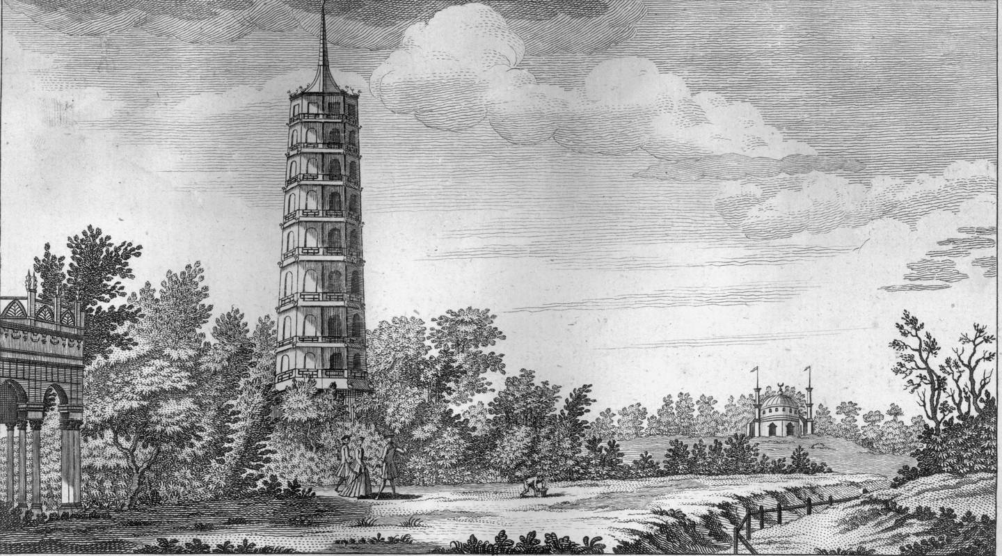 The design for the first mosque in Britain, right, alongside the Great Pagoda at Kew Gardens. Getty Images
