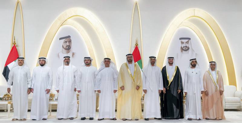ABU DHABI, UNITED ARAB EMIRATES - November 03, 2019: HH Sheikh Mohamed bin Zayed Al Nahyan, Crown Prince of Abu Dhabi and Deputy Supreme Commander of the UAE Armed Forces (4th R) and HH Sheikh Mohamed bin Rashid Al Maktoum, Vice-President, Prime Minister of the UAE, Ruler of Dubai and Minister of Defence (2nd R), attend the wedding of Saaed Mohamed Al Gergawi (3rd R), at Dubai World Trade Centre. Seen with HE Mohamed Abdulla Al Gergawi, UAE Minister of Cabinet Affairs and the Future (5th R), HH Lt General Sheikh Saif bin Zayed Al Nahyan, UAE Deputy Prime Minister and Minister of Interior (6th R), HH Sheikh Ahmed bin Mohamed bin Rashed Al Maktoum (7th R), HH Major General Sheikh Khaled bin Mohamed bin Zayed Al Nahyan, Deputy National Security Adviser (8th R) and other dignitaries. 


( Mohamed Al Hammadi / Ministry of Presidential Affairs )
---