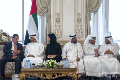 ABU DHABI, UNITED ARAB EMIRATES - June 10, 2019: HH Sheikh Mohamed bin Zayed Al Nahyan, Crown Prince of Abu Dhabi and Deputy Supreme Commander of the UAE Armed Forces (2nd L) meets with HE Dr Maeen Abdulmalik, Prime Minister of Yemen (L), during a Sea Palace barza. Seen with (R-L) HH Sheikh Mohamed bin Butti Al Hamed, HH Sheikh Hamdan bin Zayed Al Nahyan, Ruler’s Representative in Al Dhafra Region, HH Sheikh Tahnoon bin Mohamed Al Nahyan, Ruler's Representative in Al Ain Region and HE Reem Ibrahim Al Hashimi, UAE Minister of State for International Cooperation.

( Mohamed Al Hammadi / Ministry of Presidential Affairs )
---