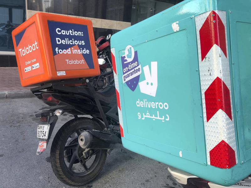 Dubai, United Arab Emirates - Reporter: N/A: Stock. General view of takeaway Talabat and Deliveroo bikes. Tuesday, 18th of February, 2020. JLT, Dubai. Chris Whiteoak / The National