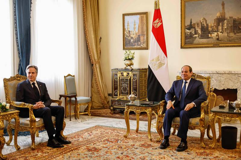 Mr Blinken meets Egyptian President Abdel Fattah El Sisi at Al Ittihadiya presidential palace in Cairo. AFP
