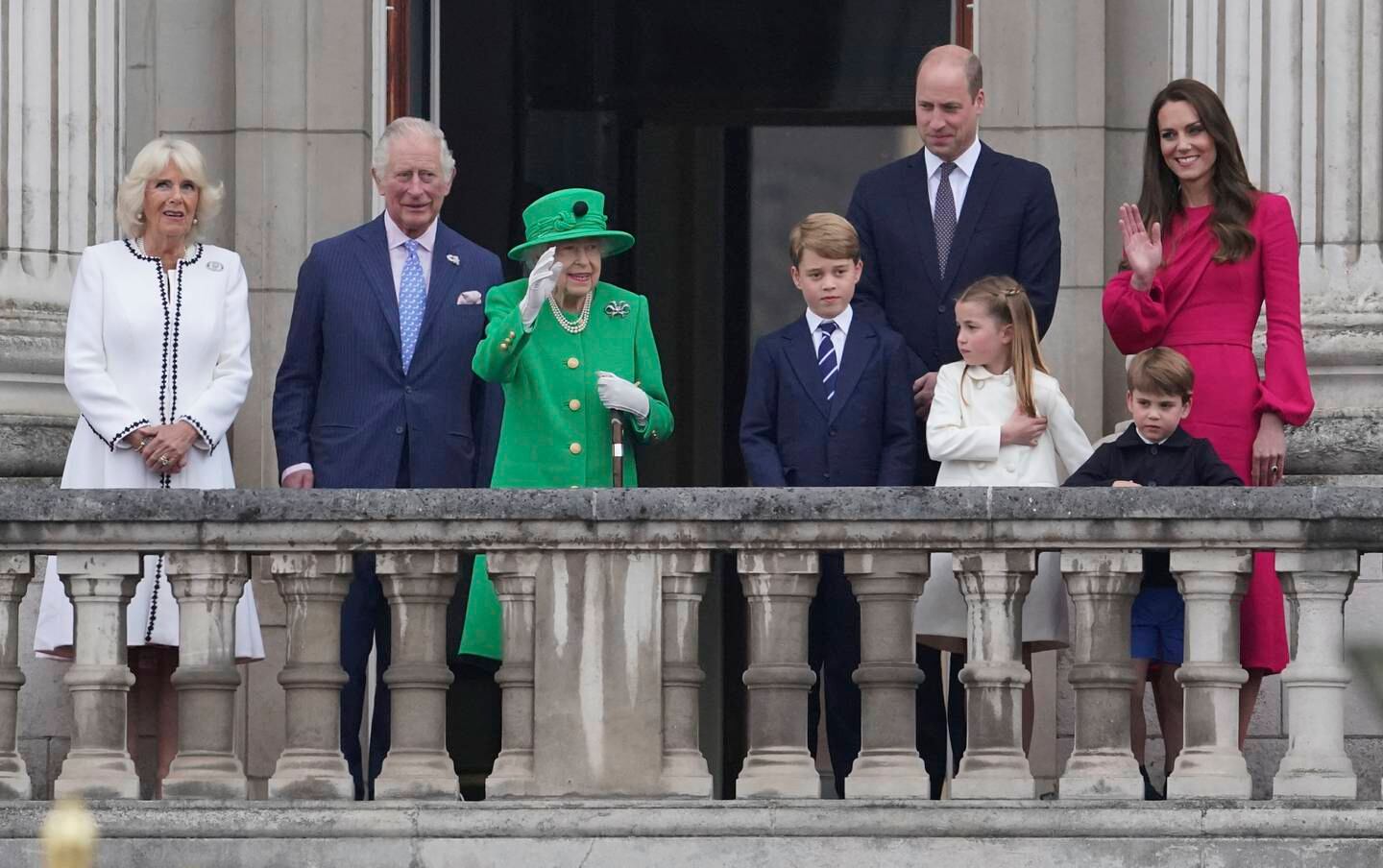 Camilla, Duchess of Cornwall, Prince Charles, Queen Elizabeth II, Prince George, Prince William, Princess Charlotte, Prince Louis, and Kate, Duchess of Cambridge appear on the balcony of Buckingham Palace during the platinum jubilee pageant. AP Photo