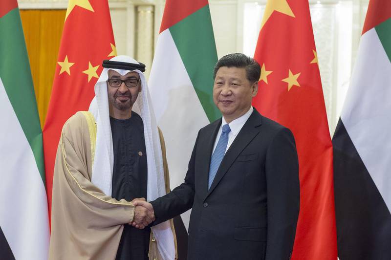 Sheikh Mohammed bin Zayed Al Nahyan, Crown Prince of Abu Dhabi and Deputy Supreme Commander of the Armed Forces greets Xi Jinping, President of China, at the Great Hall of the People during a state visit to China. Mohamed Al Suwaidi / Crown Prince Court - Abu Dhabi