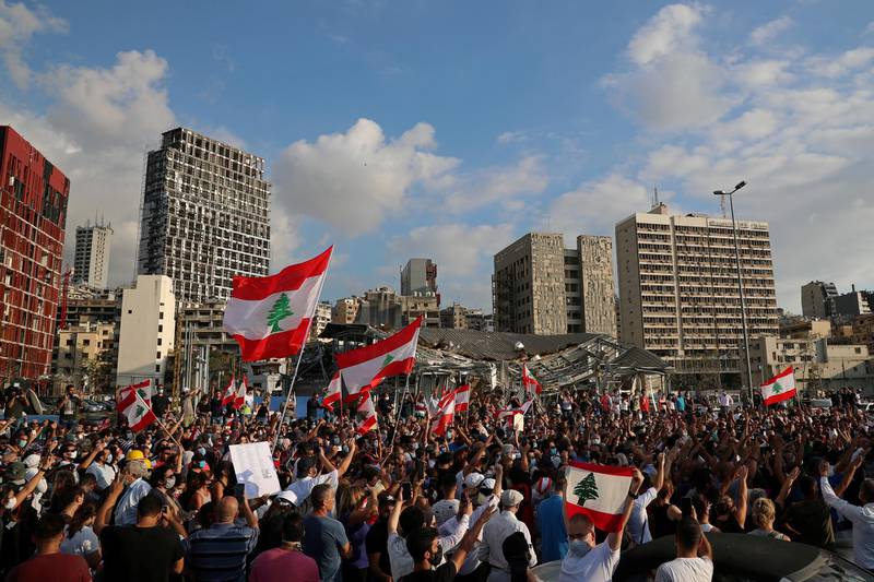 FILE PHOTO: Demonstrators take part in protests near the site of the blast at the Beirut's port area, Lebanon August 11, 2020. REUTERS/Alkis Konstantinidis/File Photo