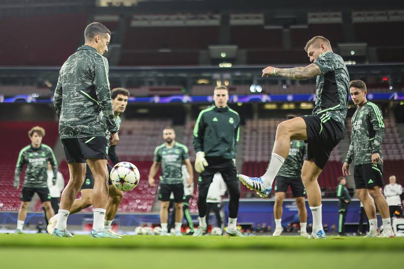 Toni Kroos, right, and his Real Madrid teammates take part in a training session at the Red Bull Arena Leipzig. AP