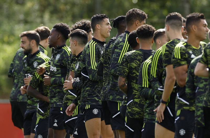 Manchester United's Cristiano Ronaldo and teammates during training. Reuters