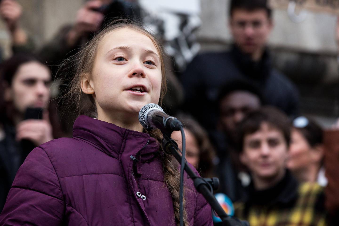 LAUSANNE, SWITZERLAND - JANUARY 17: Swedish climate activist Greta Thunberg speaks to participants at a climate change protest on January 17, 2019 in Lausanne, Switzerland. The protest is taking place ahead of the upcoming annual gathering of world leaders at the Davos World Economic Forum. (Photo by Ronald Patrick/Getty Images)